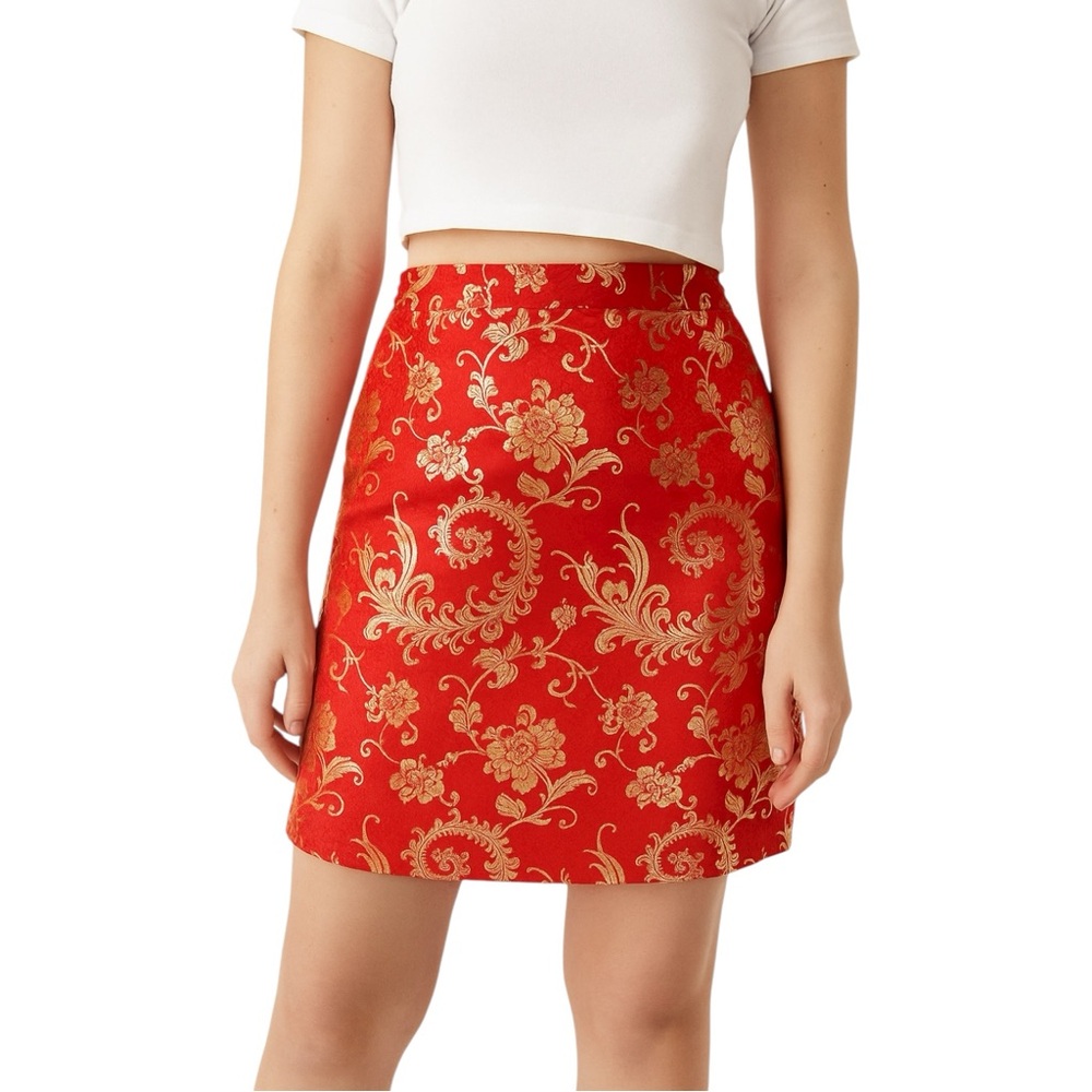 Asian Inspired Red Metallic Gold Jacquard Paisley Floral Print Mini Skirt 4